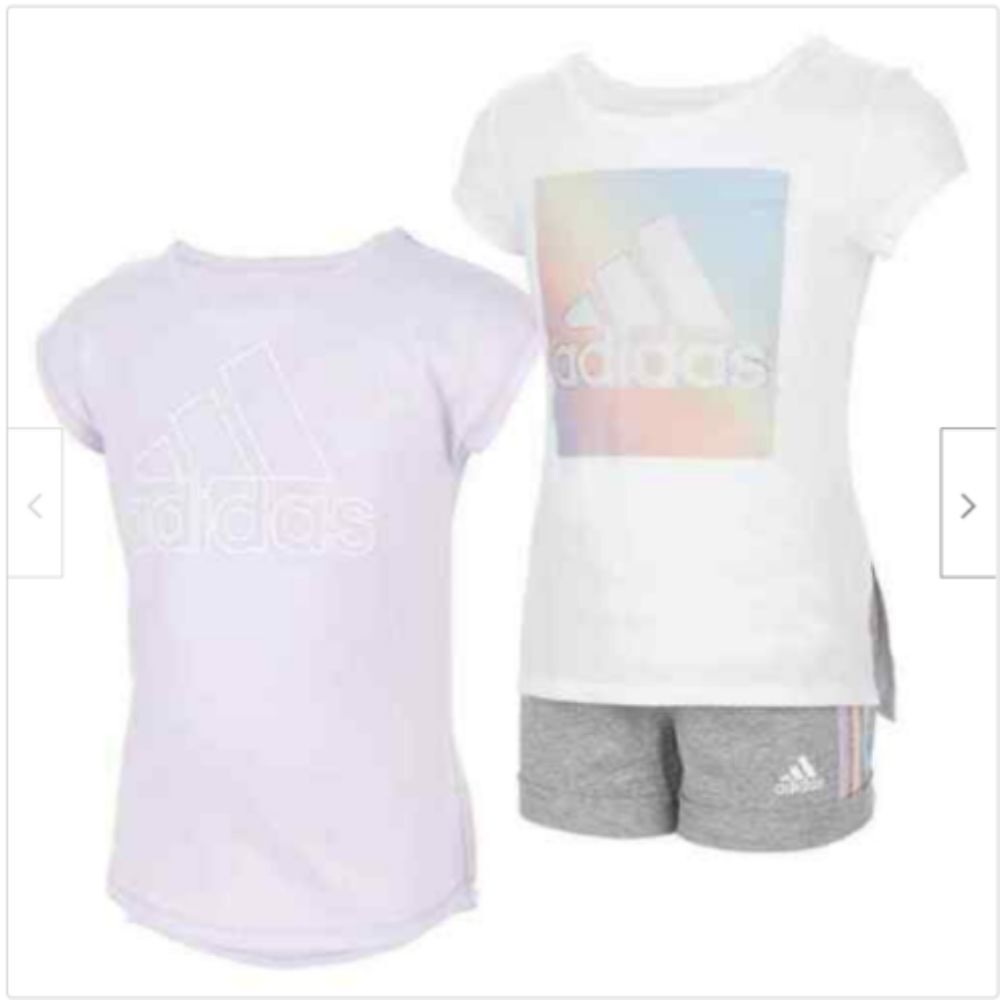 Girl's Adidas 3 Piece Set Tee Shirts and Shorts Grey White Purple
